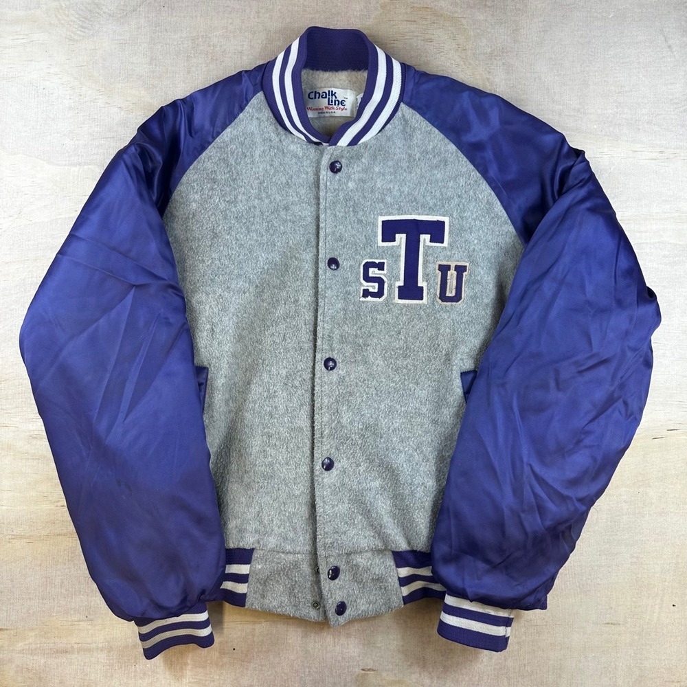 Vintage Chalk Line Varsity Jacket Mens Medium Grey Purple STU Letterman USA Made